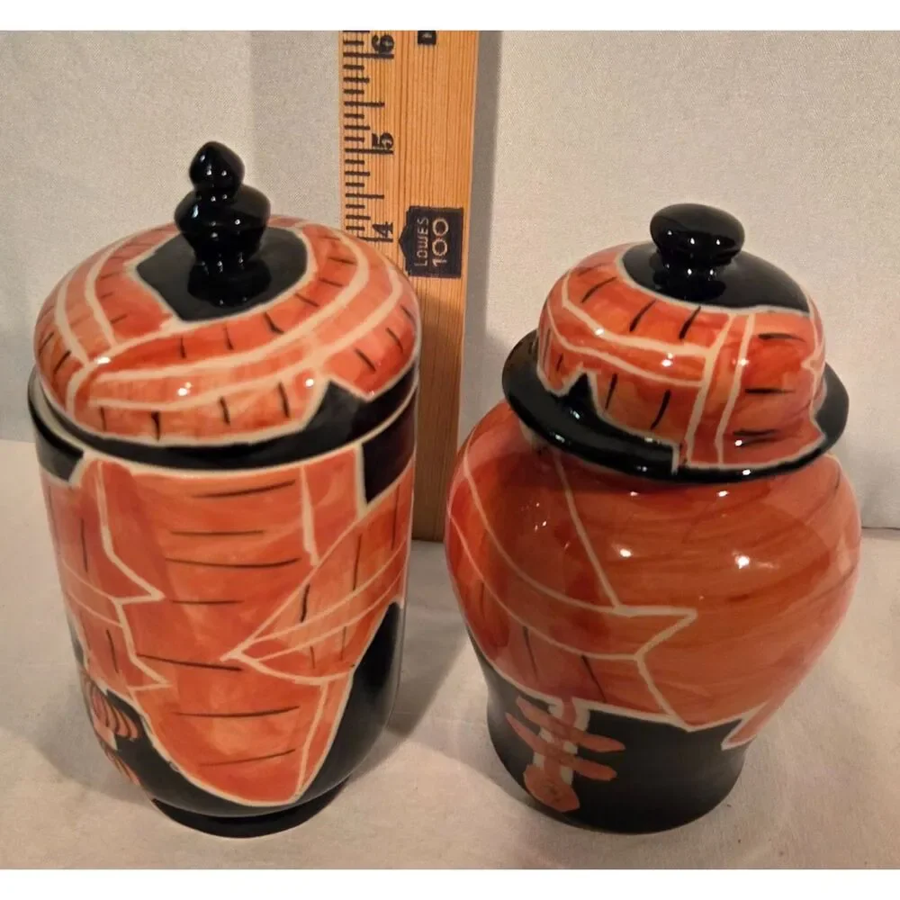 Vintage Hand Painted Art Deco Style Ceramic Ginger Jars Black & Coral Pair